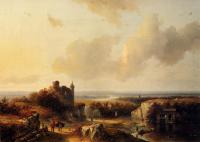 Koekkoek, Barend Cornelis - An Extensive Rive Landscape With Travellers